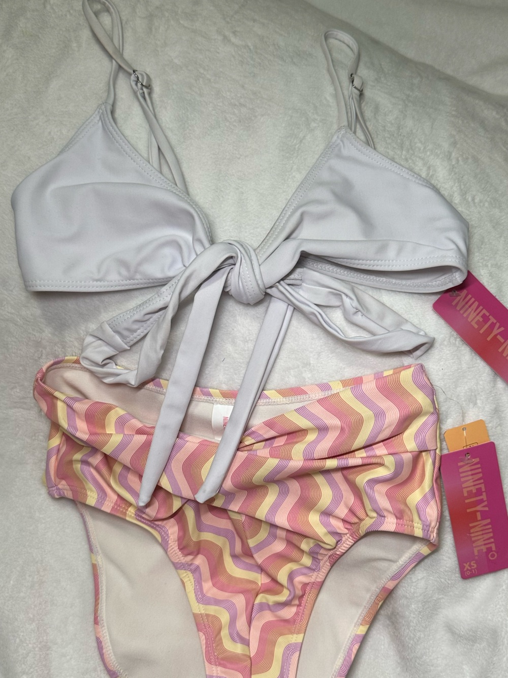 Ninety-Nine Bikini Set White Tie Front Top Groovy Wavy High Waist Bottoms